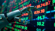 A robotic hand points with precision to fluctuating stock market data, symbolizing the cutting-edge integration of artificial intelligence in modern financial decision-making