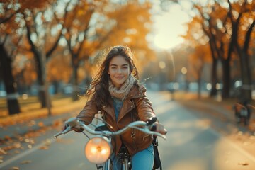 Wall Mural - Happy young woman riding bicycle in park at spring.