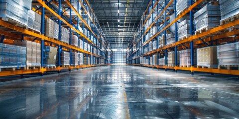 Poster - A large warehouse with many shelves and boxes