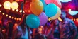 A bunch of colorful balloons are being held by a person in a party