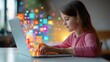 A little girl sits at a laptop and studies world technologies, studies and communicates with friends using the Internet. Home education online