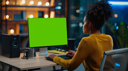 Wall Mural - Portrait of Creative Black Female Sitting at a Desk Using Desktop Computer with Mock-up Green Screen. Female Concept Artist Working in Game Design Startup Office, Creating Immersive Gameplay --ar 16:9