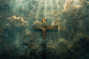 Wall Mural - A piece of metalwork art for a church altar, inspired by the stark silhouette of the cross against the clouds