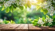 Spring beautiful background with green lush young foliage and flowering branches with an empty wooden table on nature outdoors in sunlight in garden., Ai Generate 