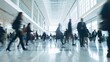 © @_ greta - Blurred People walking in modern hall ,Trade fair visitors ,