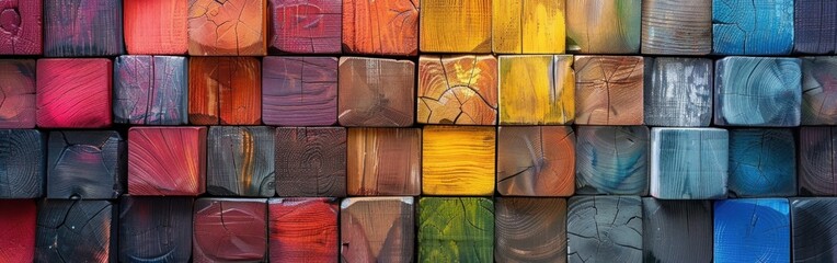 Wall Mural - Colorful Geometric Wooden Cubes Texture Wall Background Banner - Rainbow Colored Abstract Squares Panorama with Long Textured Wood Wallpaper
