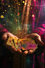 Open hands presenting glittering tarot cards - A pair of open hands offering a set of sparkling, mystical tarot cards inviting curiosity