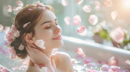 Poster - A woman is in a bathtub with pink flowers in the water