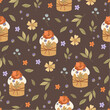 Seamless pattern with hand-drawn Easter cakes, flowers and leaves. Printing on fabric wrapping paper.