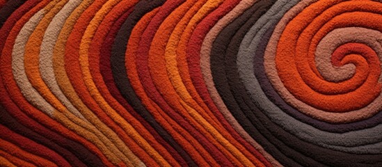 Wall Mural - A closeup shot of a vibrant Chin orange fabric with a spiral pattern made of wool, resembling art on a wooden background. The blend of red, peach, and wire adds depth to the design