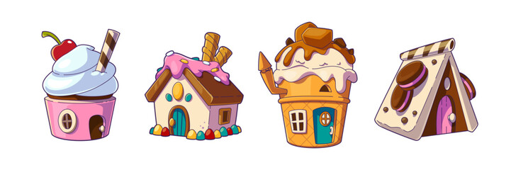 Wall Mural - Candy land houses set isolated on background. Vector cartoon illustration of gingerbread, muffin, ice cream shape huts decorated with cherry, icing, chocolate, waffles, fantasy dessert buildings