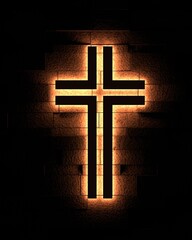 Wall Mural - Neon shine christian cross on brick wall. Religion concept illustration. 3D render