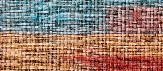 Wall Mural - A detailed closeup of a rectangular piece of fabric featuring a symmetrical blue and red pattern, resembling a mesh or net design with varying tints and shades