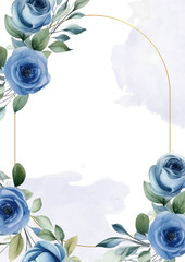 Wall Mural - Blue and white vector frame with foliage pattern background with flora and flower