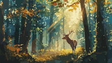 A Painting Of A Deer In A Forest With Sunlight Stream