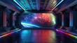 Empty viewing gallery in a spacecraft, with a panoramic view of space framed in rainbow lights , 3D illustration