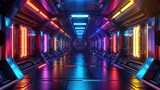 Fototapeta  - Long, deserted corridor of a spacecraft, with rainbow lighting leading the way to the heart of the ship , 3D illustration