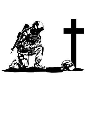 Soldier Kneeling at cross Illustration, Fallen Soldier Vector, Kneeling at Memorial Stencil, Soldier Kneeling Praying Clipart, Cut File