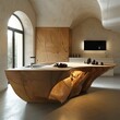 Sleek kitchen design with organic shaped island. Striking kitchen with a large, organically shaped wooden island and curvilinear architecture, embracing nature-inspired design