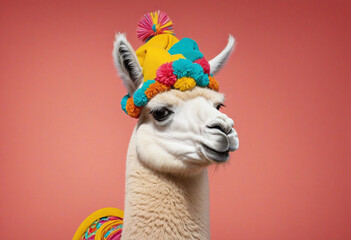Wall Mural - Llama wearing colourful traditional hat on a red yellow background colorful background