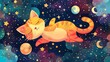 A whimsical digital art piece featuring a floating orange cat surrounded by vibrant celestial bodies and stars.