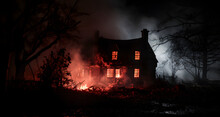 An Old Creepy House With Flames In The Front Yard