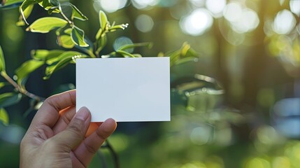 Photo of business cards stack. Template for branding identity. Isolated with clipping path. Hand holding white business card on green blurred background