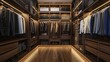 walk-in closet. Modern dark wooden walk in wardrobe with clothes hanging on rail, 3d walk in closet interior design.
