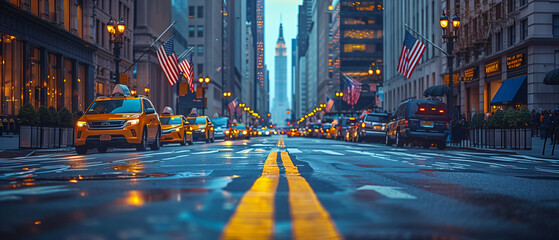 Wall Mural - city at night of usa flag, Street in the city, A Row of American Flags on a City Street. Memorial Day , independence day, usa flag, labor day, illustration