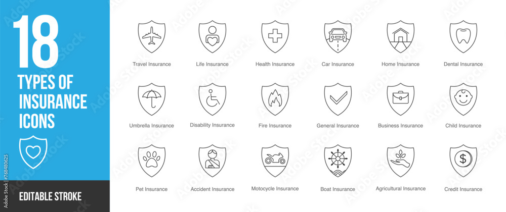 Types of Insurance icon set in line style. Types of Insurance simple ...