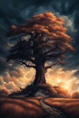 Wall Mural - Big tree silhouette, sunset, tree on meadow at sunset