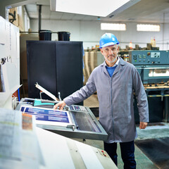 Aufkleber - Portrait, person and printing in factory with paper, quality inspection and storage. Man, publishing plant and creative product for distribution with professional worker, smile and technology