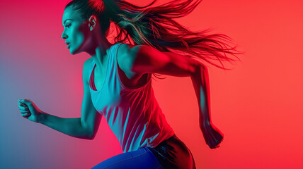 Woman in sporty fashionable clothes is running and trains in the gym on gradient solid studio