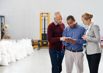 Poster - Warehouse, tablet and business people with social media, review or client feedback. Supply chain, search and factory team with app for planning, delivery or digital procurement logistic checklist