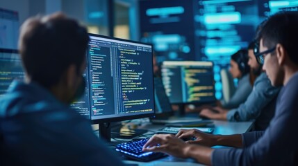 Programmer working with software development and data coding in office AIG41