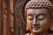 Buddha Statue On Wooden Background, Close-up View