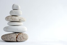 Stack Of White Zen Stones Isolated On White Background With Copy Space