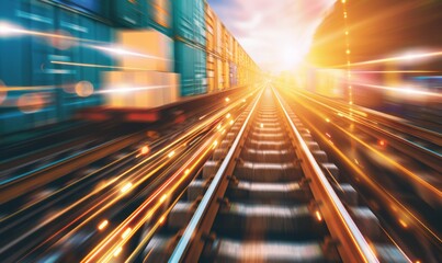 Fototapete - A Modern Train Blurs Across Illuminated Tracks, Symbolizing Rapid Transit and Connection, Generative AI