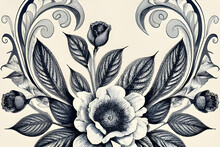 Flower Vintage Scroll Baroque Victorian Frame Border Rose Peony Floral Ornament Leaf Engraved Retro Pattern Decorative Design Tattoo Black And White Filigree Calligraphic