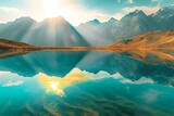 Fototapeta  - Mountain lake at sunrise,  Beautiful natural landscape with reflection in water
