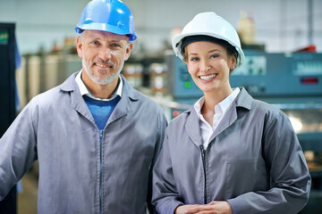 Poster - Teamwork, smile and portrait in factory for manufacturing, distribution or logistics industry. Mature people and happy in packaging plant or warehouse for supply chain, print and stock for supplier