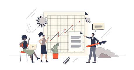 Wall Mural - Reporting tools and financial business report retro tiny person concept, transparent background. Annual accounting measurements and professional analytics.