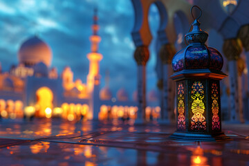 A colorful mosque and a lantern with glowing evening light on a Ramadan night.