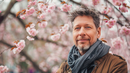 Wall Mural - Portrait of an handsome European man posing in front of a blooming cherry tree , close-up view of a cheerful beautiful Caucasian white middle aged male in an outdoor park
