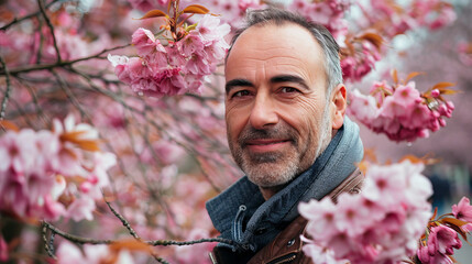Wall Mural - Portrait of an handsome European man posing in front of a blooming cherry tree , close-up view of a cheerful beautiful Caucasian white middle aged male in an outdoor park