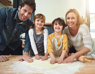 Poster - Portrait, smile and family baking pizza in kitchen together, bonding and happy for learning in home. Face, mother and father with kids cooking, teaching and help parents with flour dough at table