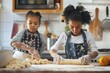 mother rolling dough with child beside her, both in aprons