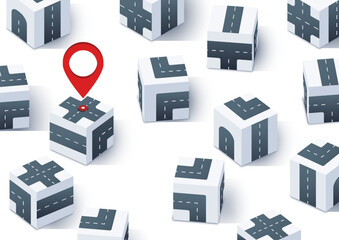 Wall Mural - GPS tracking system navigation. Red marker or pin on one of the boxes as a goal located near 3d boxes with roads. Vector illustration isolated on a white background.