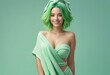 Beautiful young woman with green hair and turban on her head