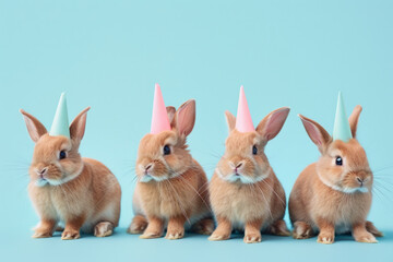 Wall Mural - A cute easter bunny rabbits wearing a fun celebration party hats